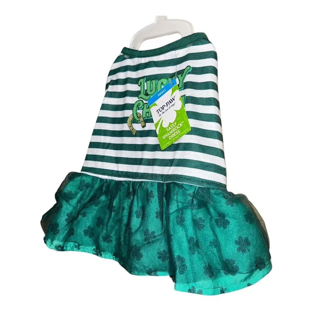 Top Paw Small Dog Dress Green White Stripes Lucky Charm St Patricks DaPet Outfit